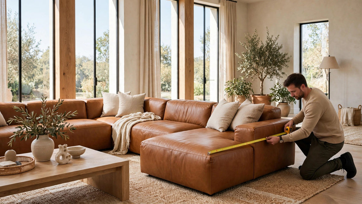 Man measuring a caramel leather sectional sofa with a tape measure in a bright living room