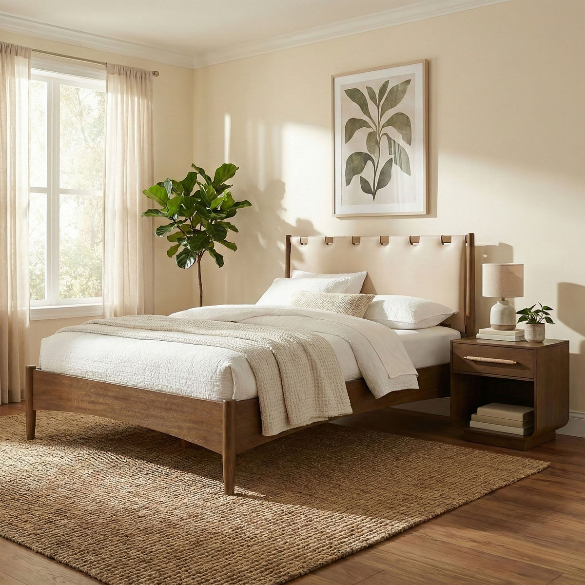 Santos - Vegan Leather Headboard And Wood Bed - Waxed Brown Frame