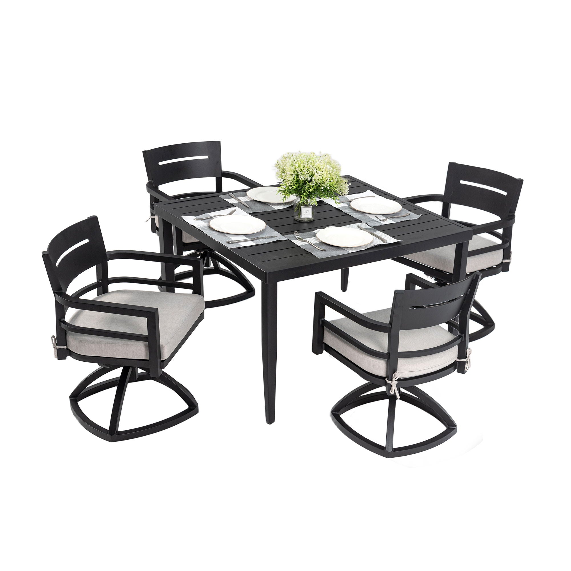 Outdoor Patio Aluminum Furniture, Modern Dining Set, Including 4 Swivel Rockers Sunbrella Cushioned And Square Dining Table With Umbrella Hole