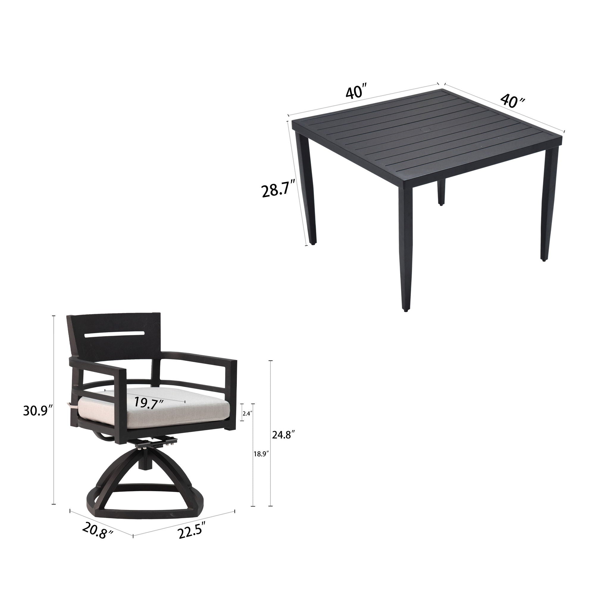 Outdoor Patio Aluminum Furniture, Modern Dining Set, Including 4 Swivel Rockers Sunbrella Cushioned And Square Dining Table With Umbrella Hole