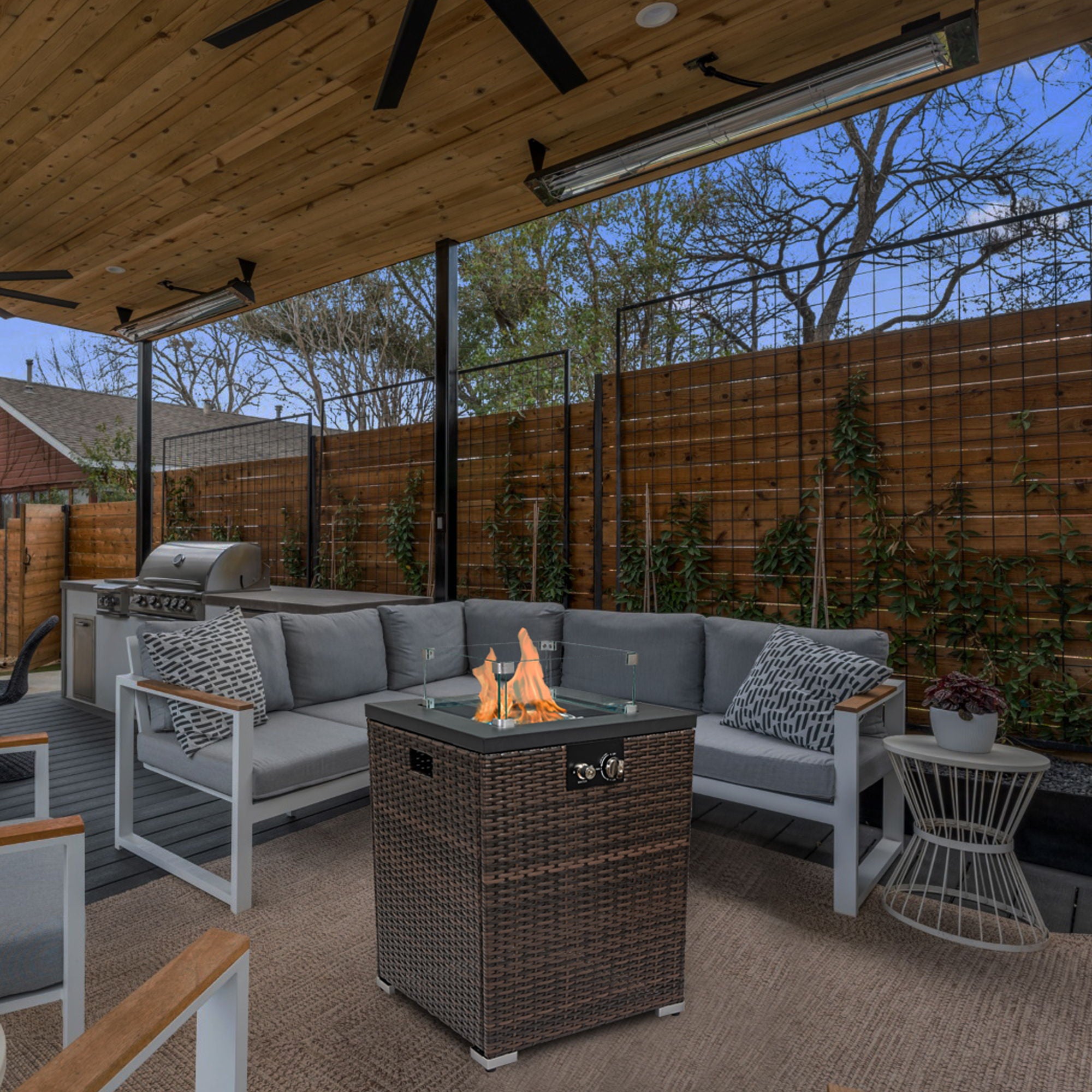 Propane Gas Square Fire Pit, Tile Tabletop With Beautiful Wicker Base For Outside
