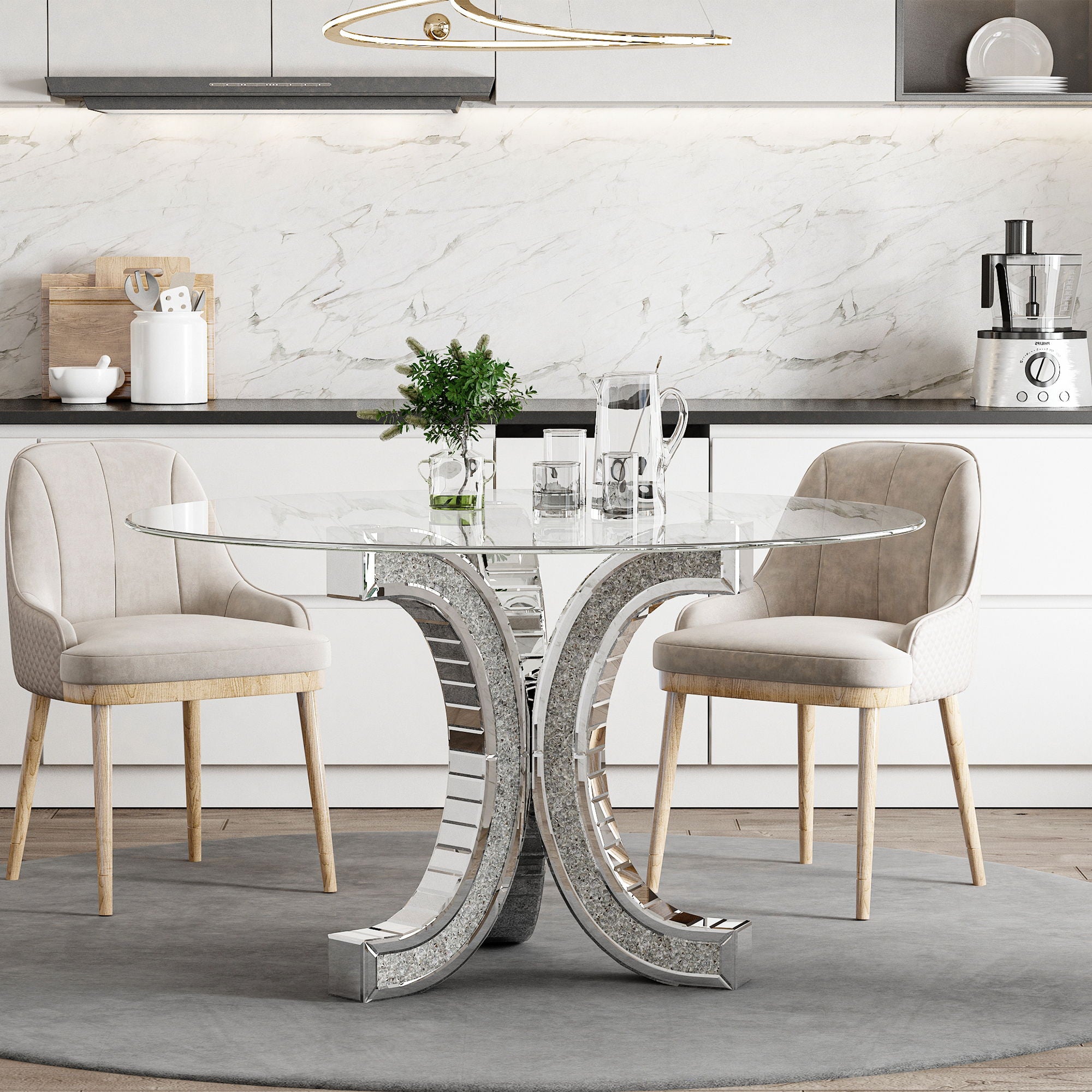 Round Glass Pedestal Dining Table With Tempered Glass Top - Silver