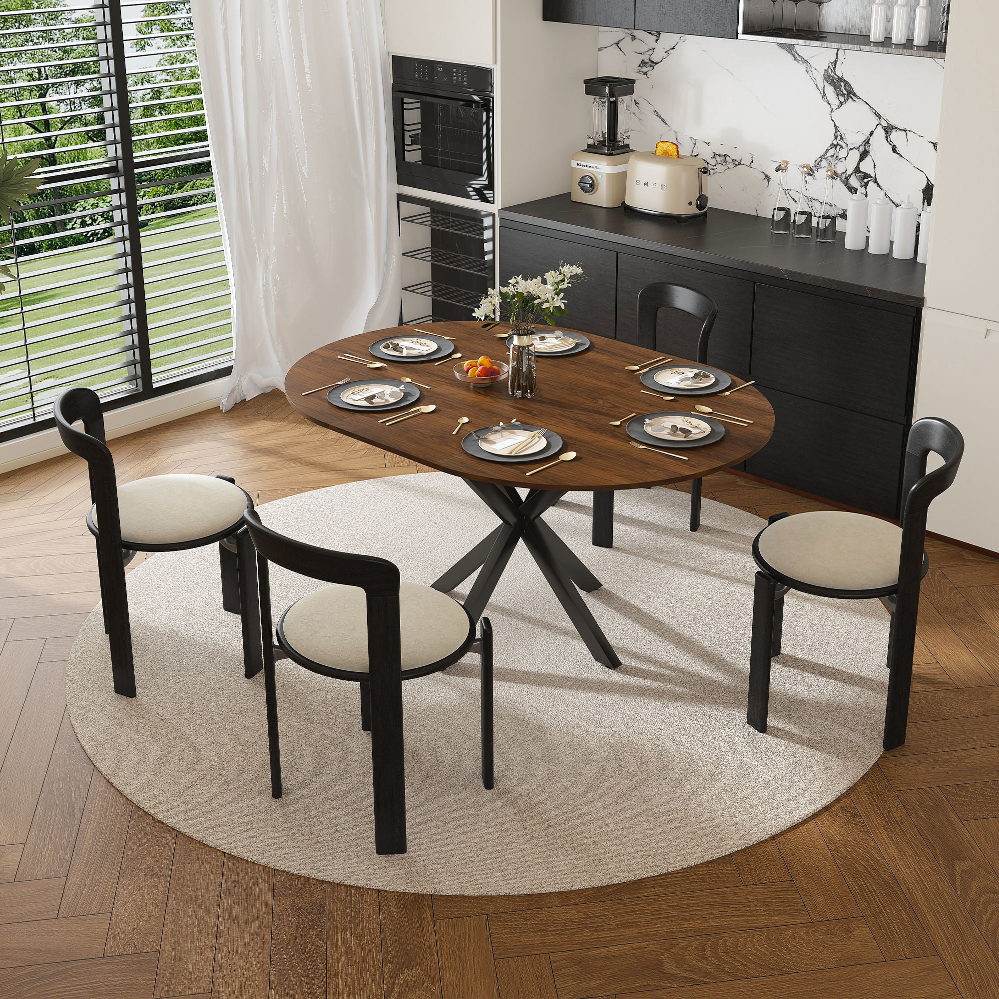 Retractable Dining Table, Round Extendable 6 Person Table - Walnut
