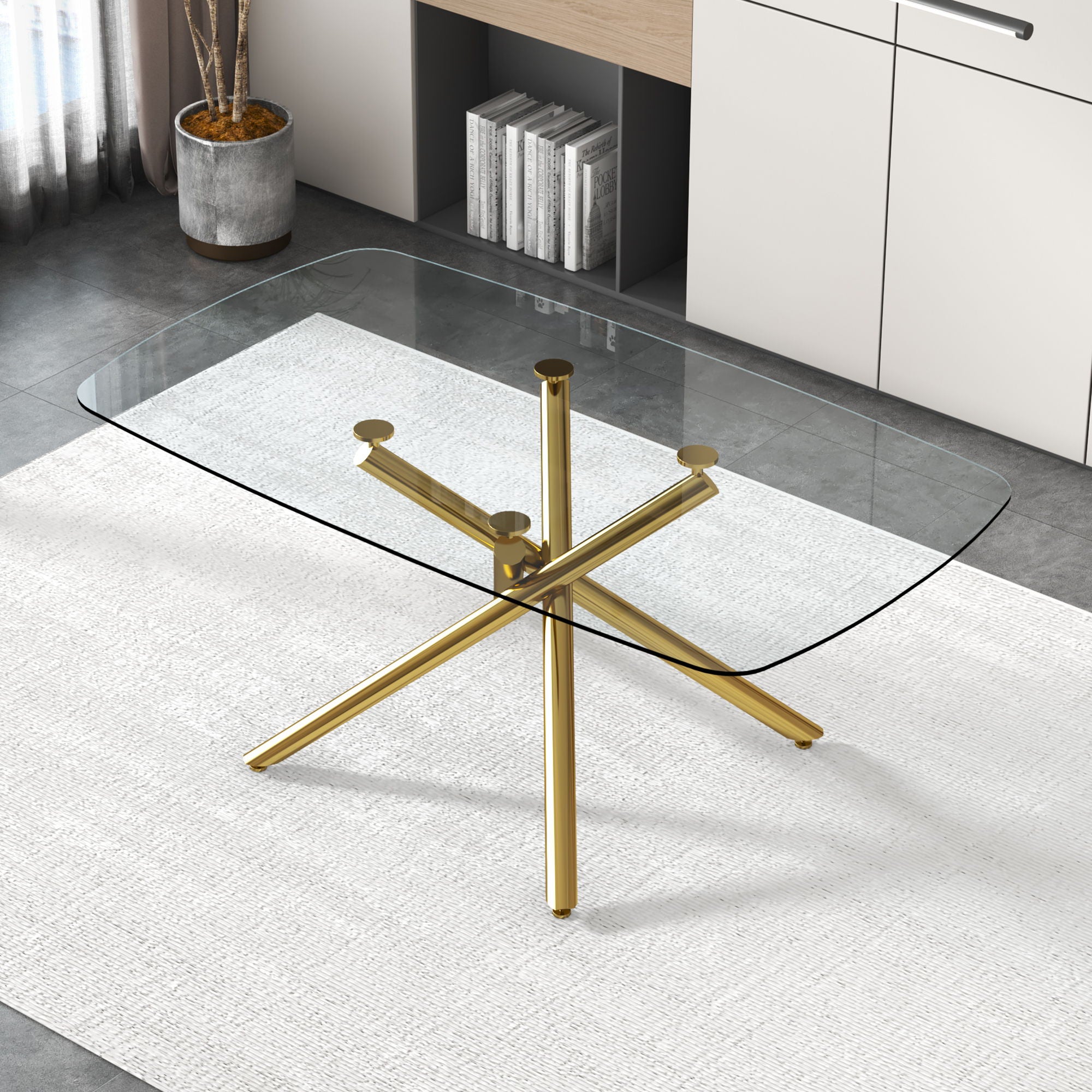 Modern Minimalist Glass Dining Table With 0.39" Tempered Glass Top & en Metal Legs For 6 - 8 People - Golden