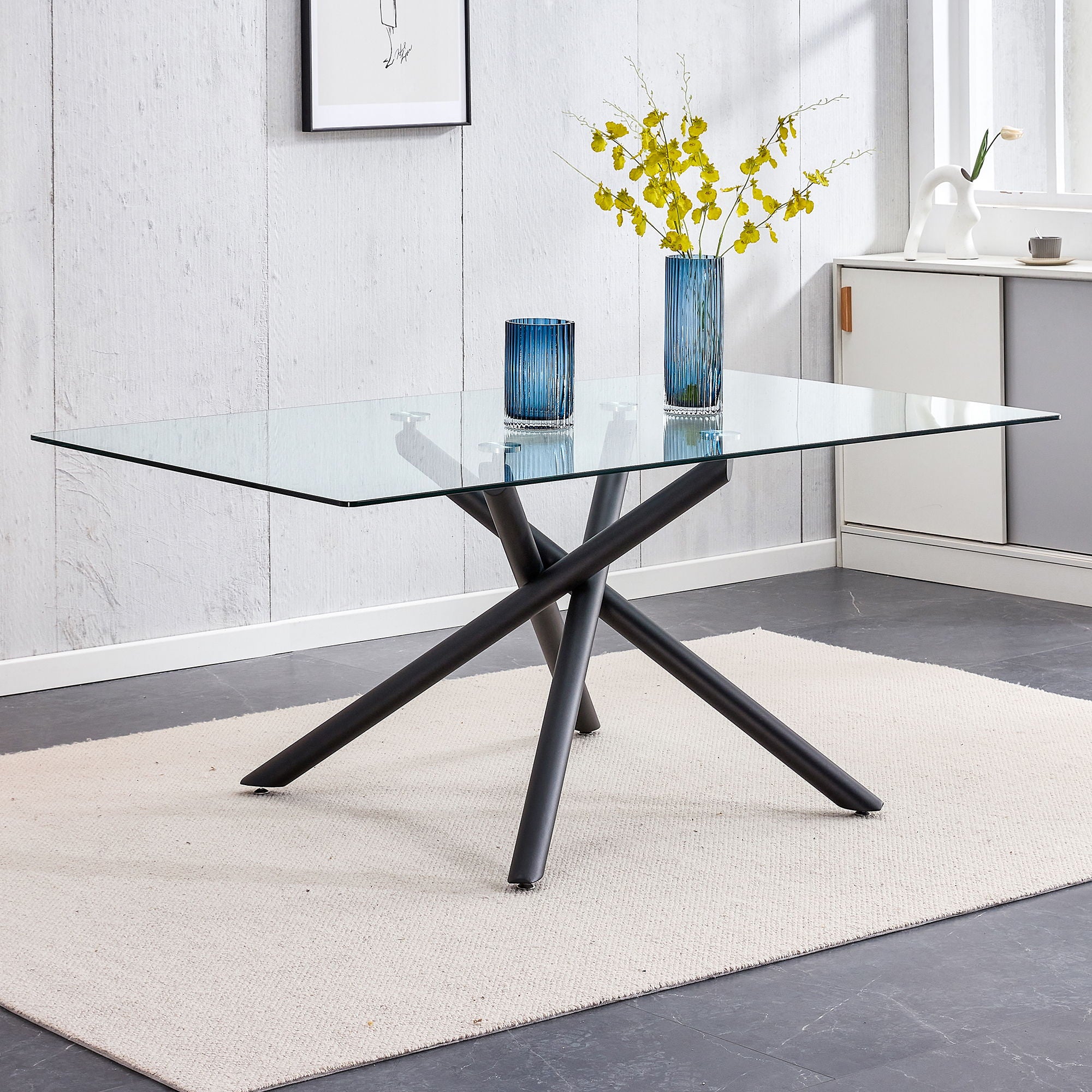 Modern Minimalist Rectangular Glass Dining Table For 6 - 8 With Tempered Glass Top And Metal Legs - Black / Transparent