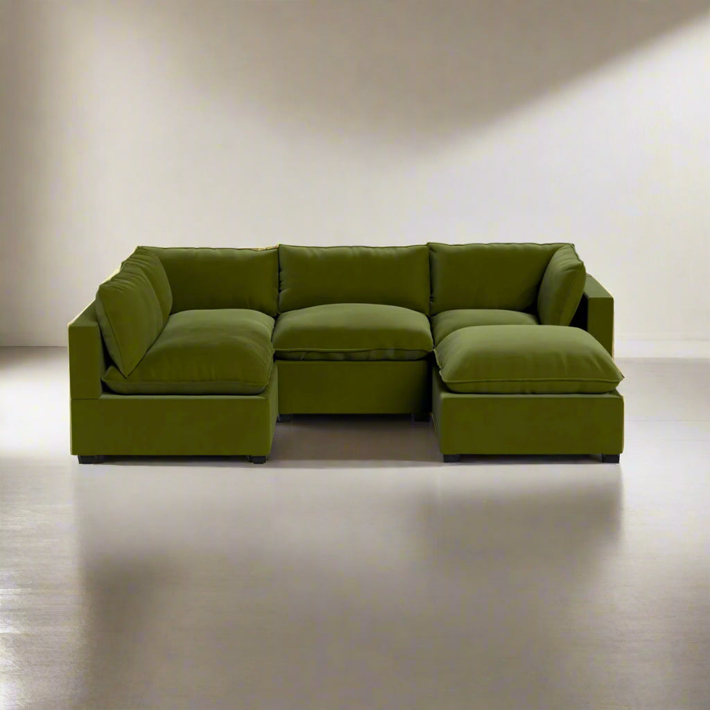 Olive Performance Velvet L-Shape + Ottoman