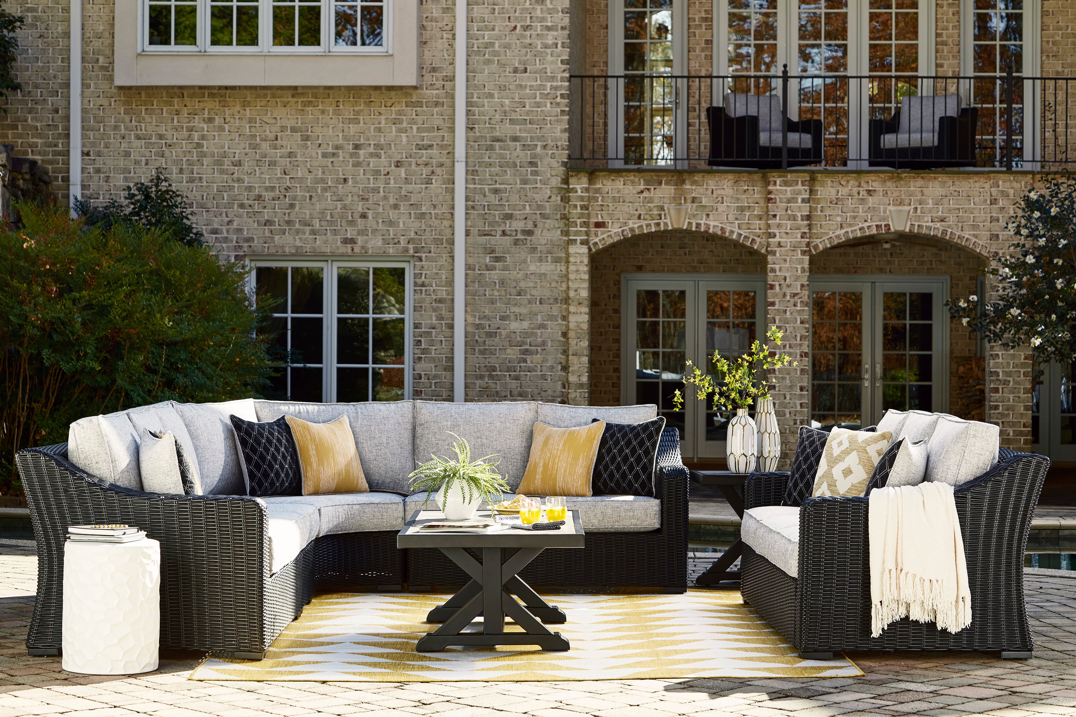 Beachcroft Black & Light Gray Modular Outdoor Sectional with Nuvella Performance Fabric