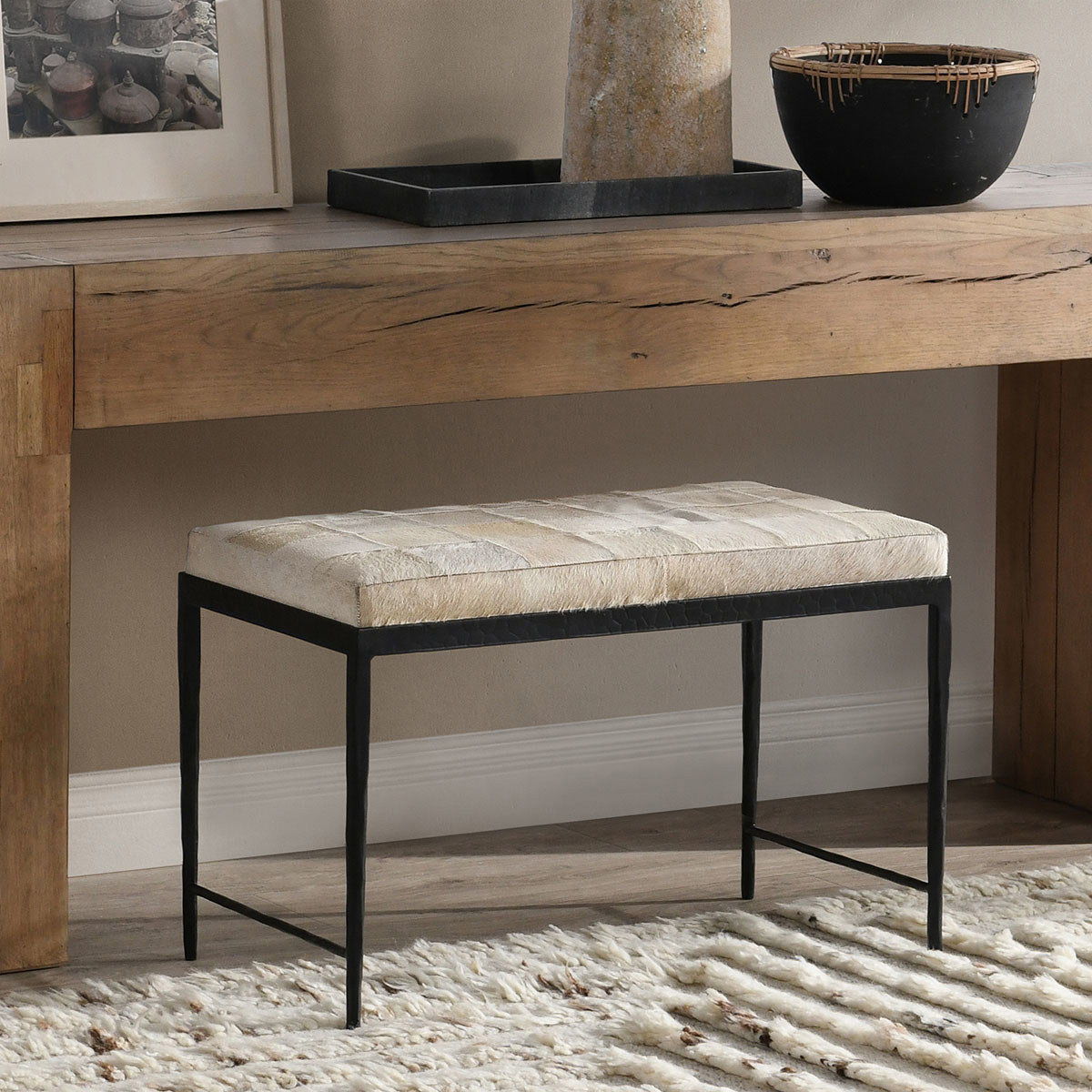 Achen - Hide Bench - Select Living Furniture - Upholstered Benches - Classic Home - 53002017 - Ivory - Achen - Hide Bench -