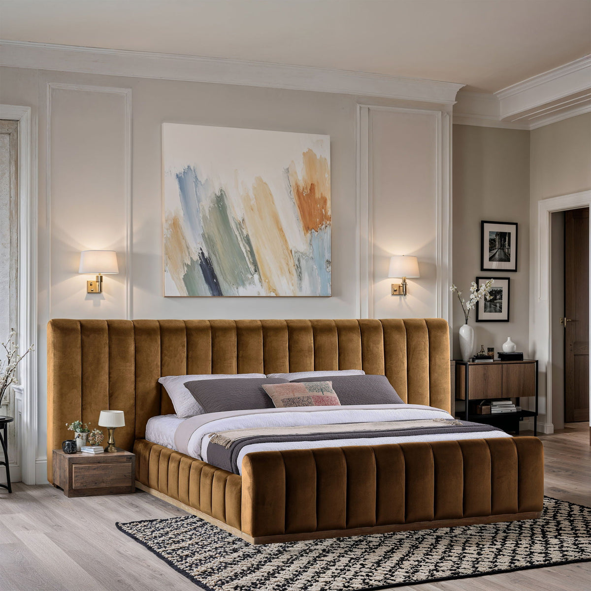 Amara - Velvet Upholstered Bed - Select Living Furniture - Upholstered Beds - Meridian Furniture - AmaraSaddle-Q117 - Light Brown -Queen - Amara - Velvet Upholstered Bed -