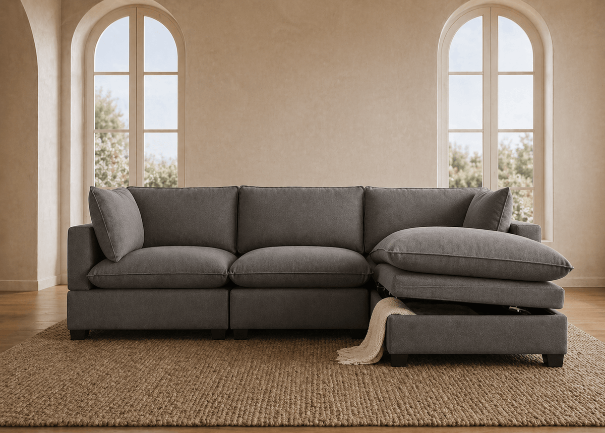 Apollo Sectional - Select Living Furniture - Stationary Sectionals - Happy Homes - APOLLO-SOFA-CL - Charcoal Linen -Sofa + Storage Ottoman - Apollo Sectional -