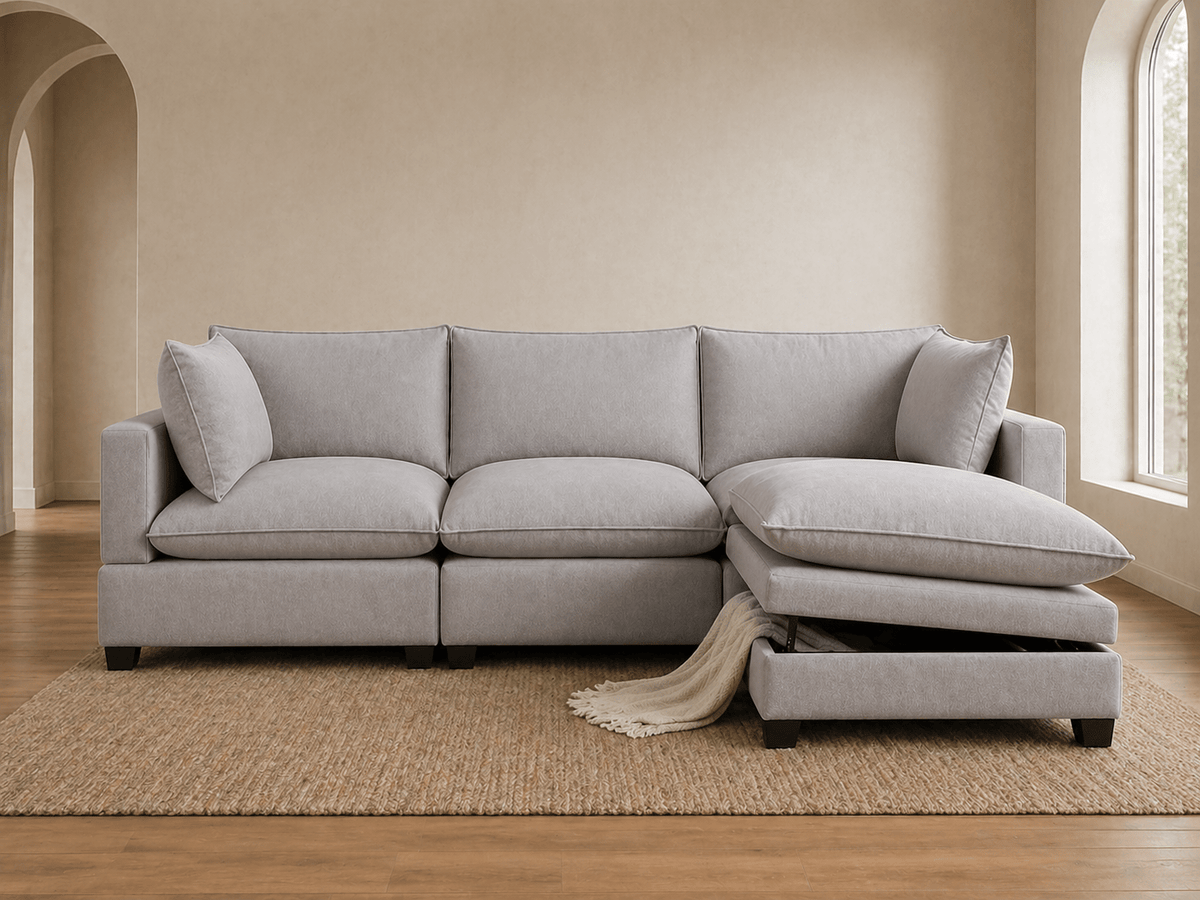 Apollo Sectional - Select Living Furniture - Stationary Sectionals - Happy Homes - APOLLO-SOFA-LGL - Light Grey Linen -Sofa + Storage Ottoman - Apollo Sectional -