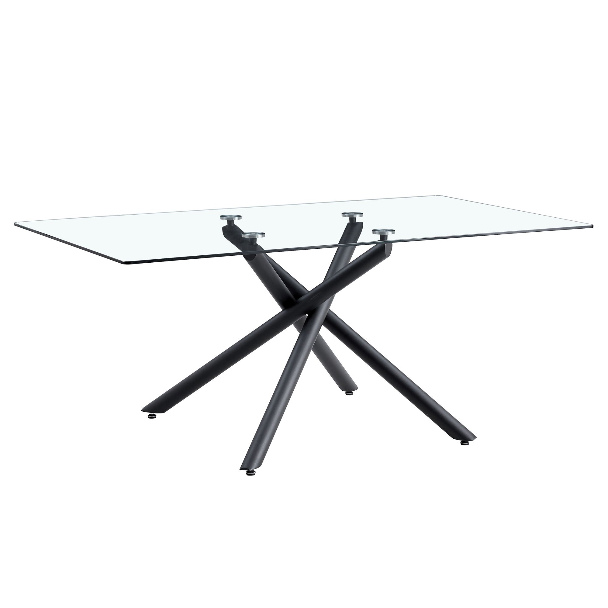 Modern Minimalist Rectangular Glass Dining Table For 6 - 8 With Tempered Glass Top And Metal Legs - Black / Transparent