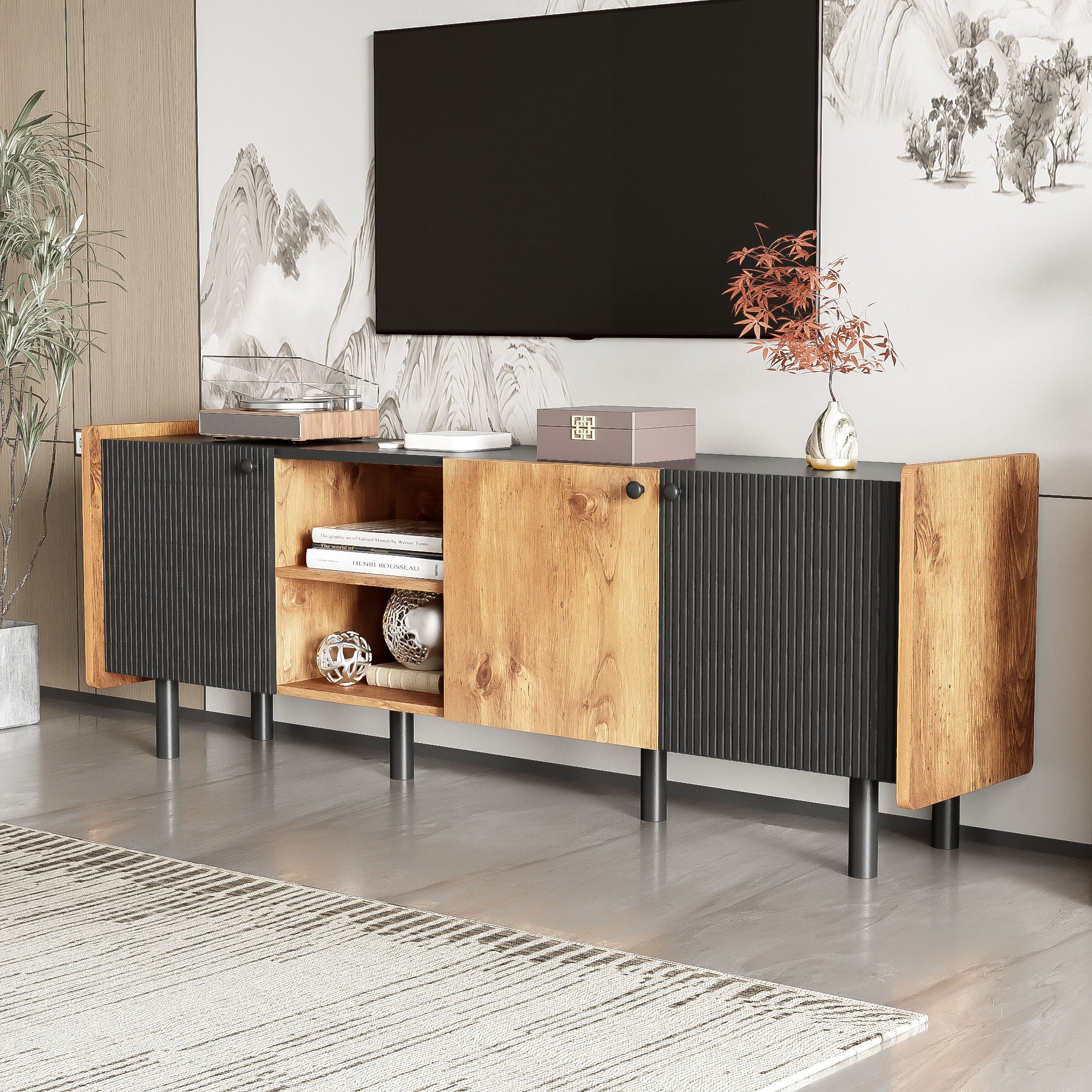 Mid Century TV Stand With 3 Cabinets, Media Console Table For Tvs Up To 70'', Entertainment Center With Storage For Living Room - Black / Brown