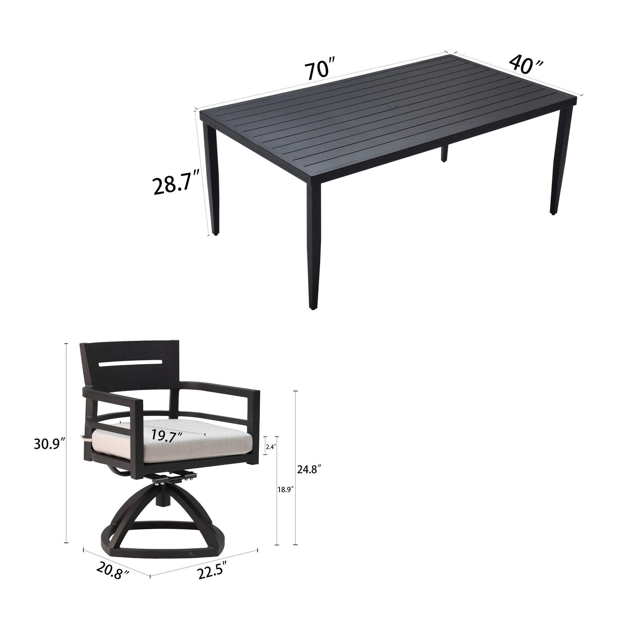 Outdoor Patio Aluminum Furniture, Modern Dining Set, Including 4 Swivel Rockers Sunbrella Cushioned And Square Dining Table With Umbrella Hole