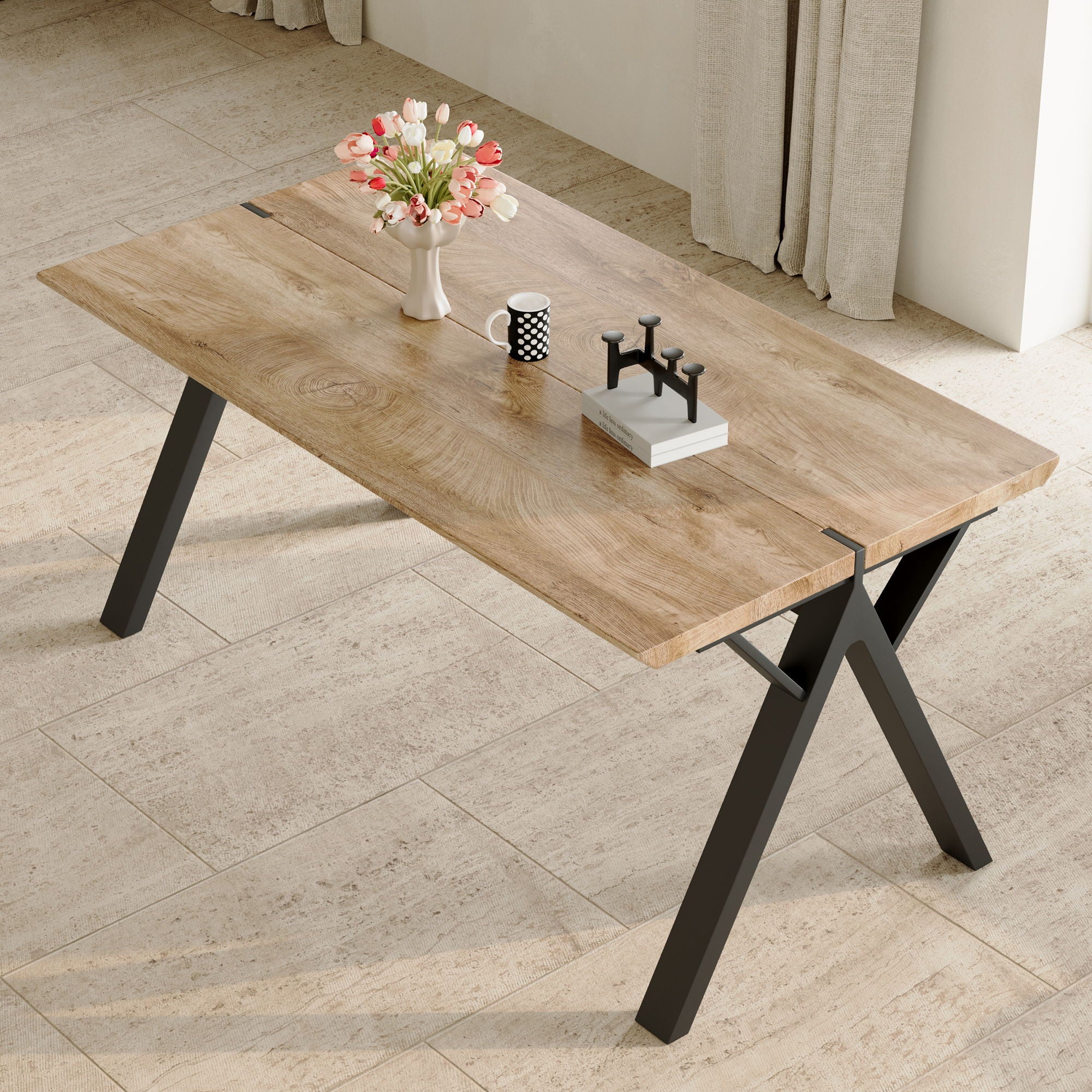 Wood Textured Dining Table With A Frame Legs.Density Board Sticker Pipe Spraying, Suitable For Various Occasions Such As Living Rooms - Black