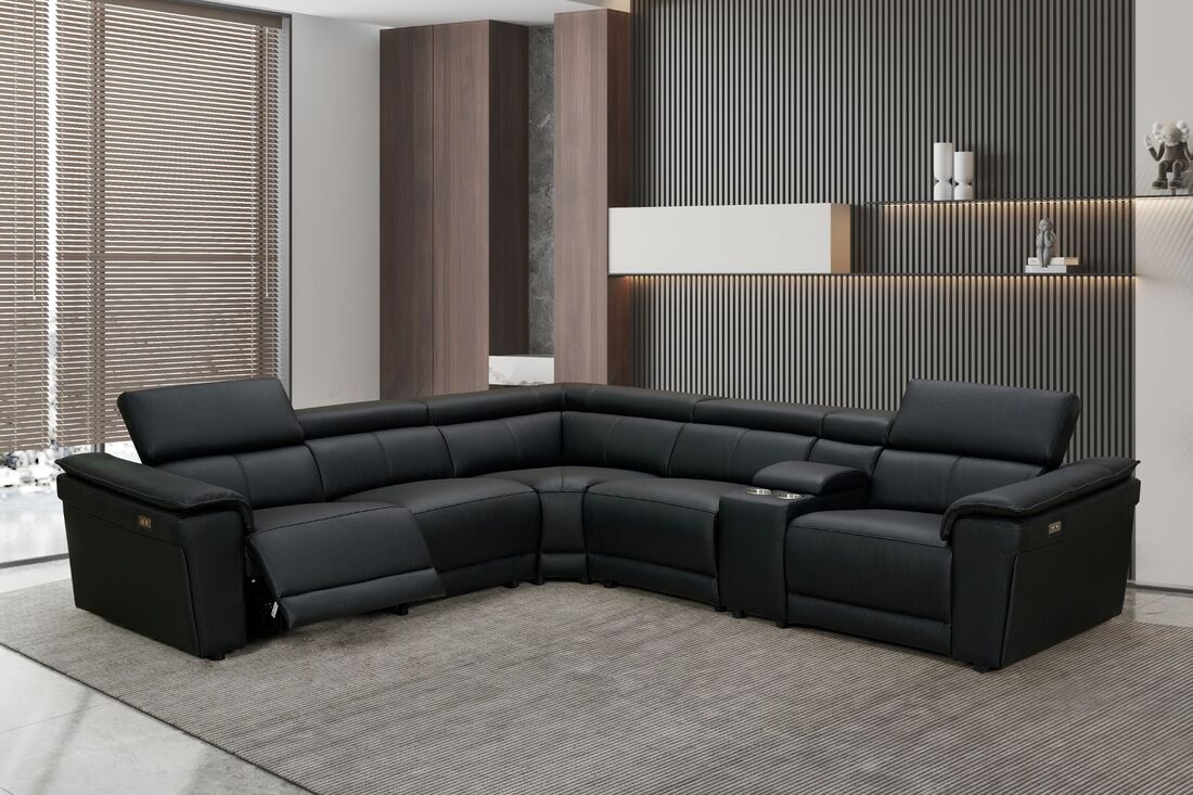 New York Top Grain Leather Power Reclining Sectional - Select Living Furniture - Reclining Furniture, Leather Seating - Happy Homes - Black - New York Top Grain Leather Power Reclining Sectional -
