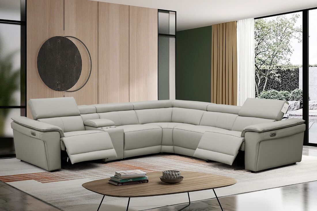New York Top Grain Leather Power Reclining Sectional - Select Living Furniture - Reclining Furniture, Leather Seating - Happy Homes - Gray - New York Top Grain Leather Power Reclining Sectional -
