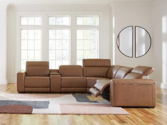 Rally-Up Reclining Sectional - Select Living Furniture - Signature Design by Ashley - RALLY-2PC - Caramel -2-Piece Power Reclining Loveseat - Rally-Up power reclining sectional in a bright living room -