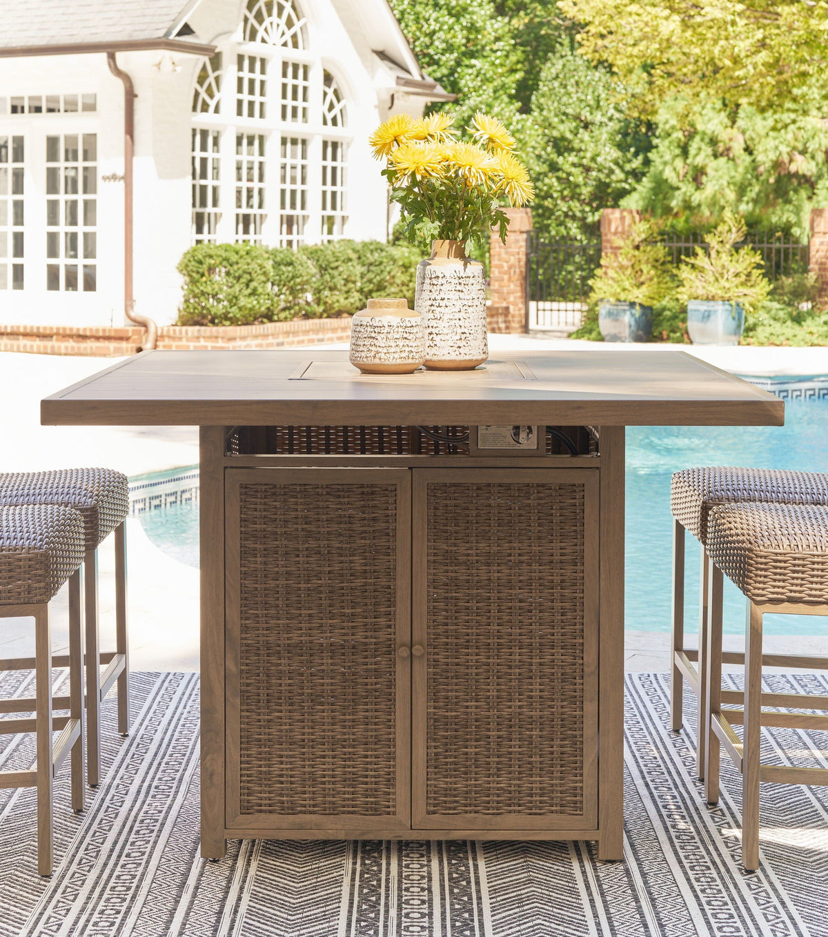 Walton Bridge - 5 Pc. - Square Bar Table W/Fire Pit, 4 Barstools - Driftwood - Select Living Furniture - 5 Piece Outdoor Sets - Signature Design by Ashley® - P749/665/130(2) - Walton Bridge - 5 Pc. - Square Bar Table W/Fire Pit, 4 Barstools - Driftwood -