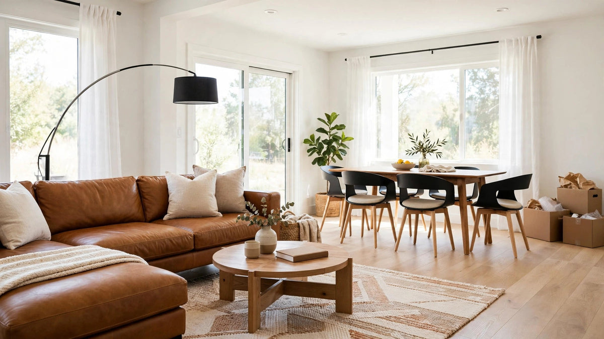 Newly furnished open-concept living and dining room with leather sectional