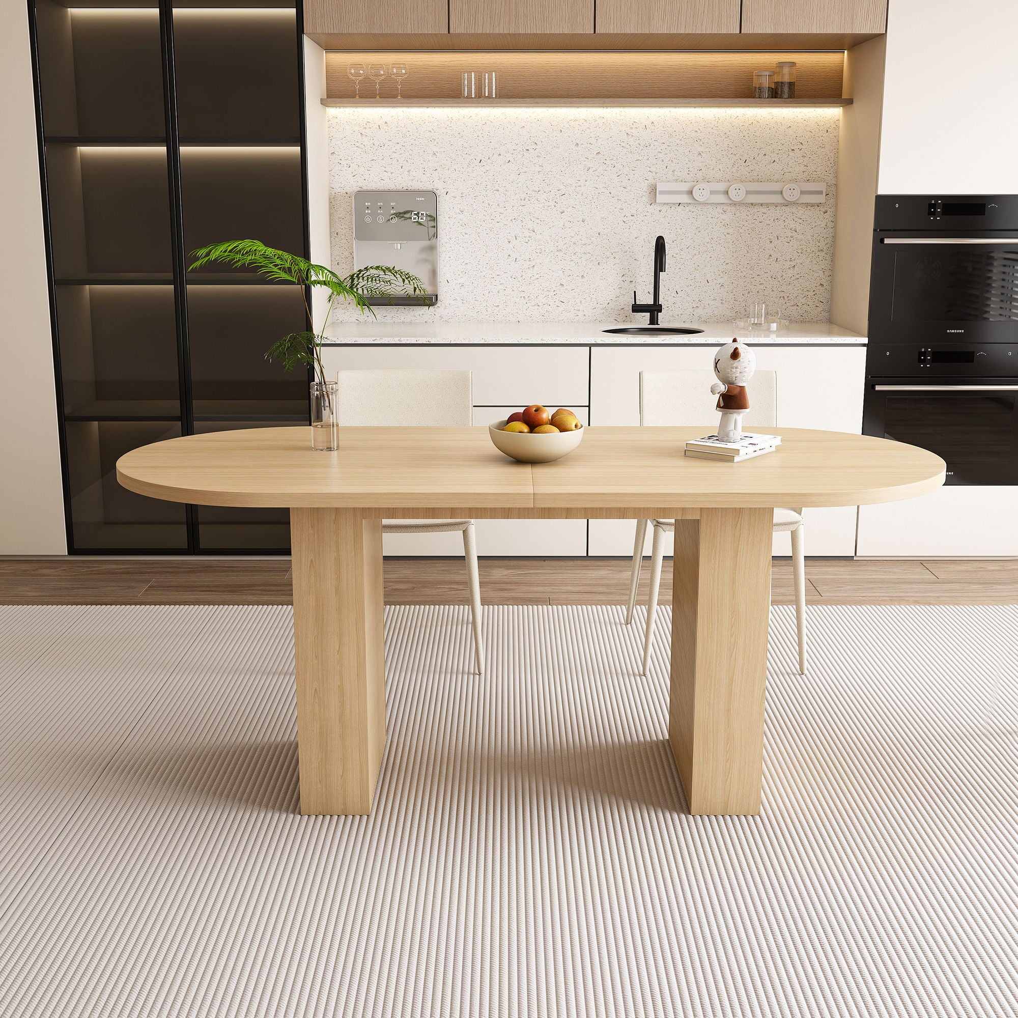 Oval Dining Table For 6 People With Wood Strip Base - Burly Wood
