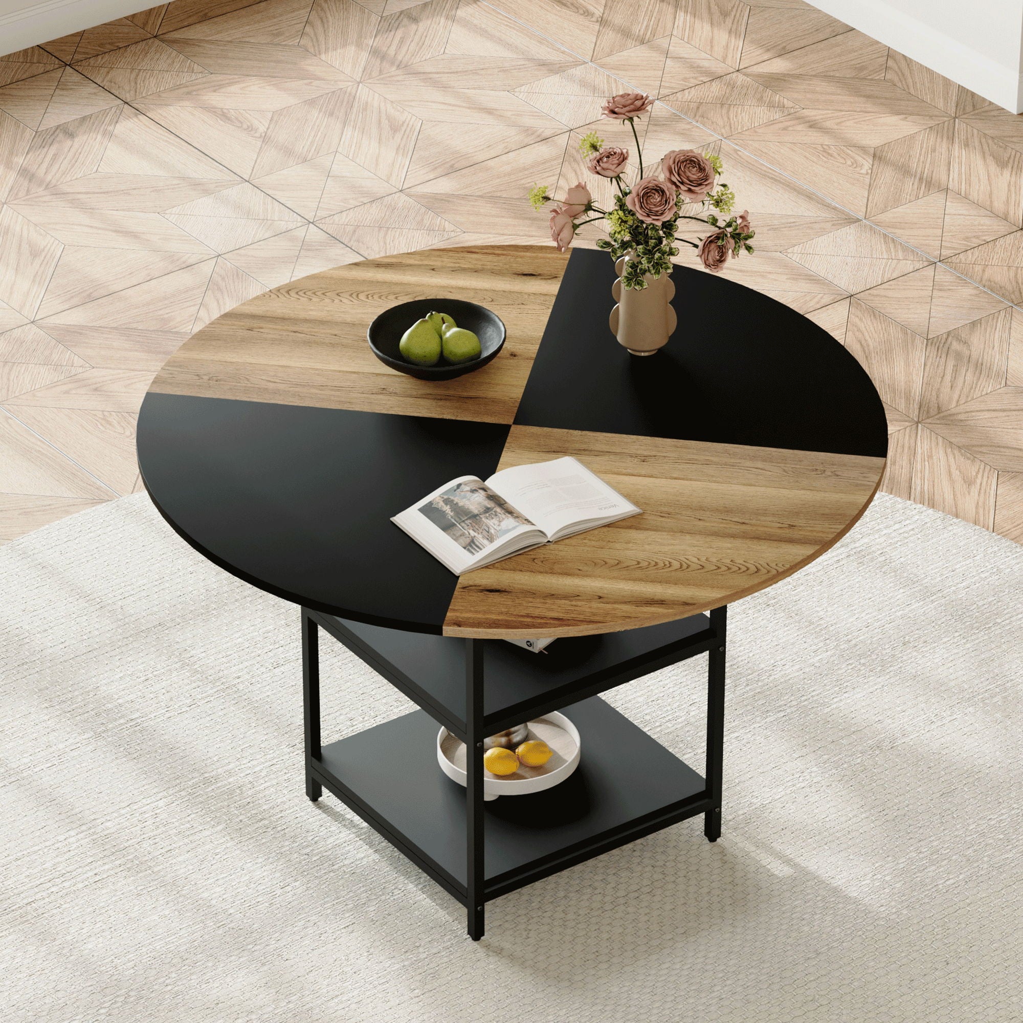 Modern Splicing Circular Dining Table With Double Layer Storage - Black / Wood