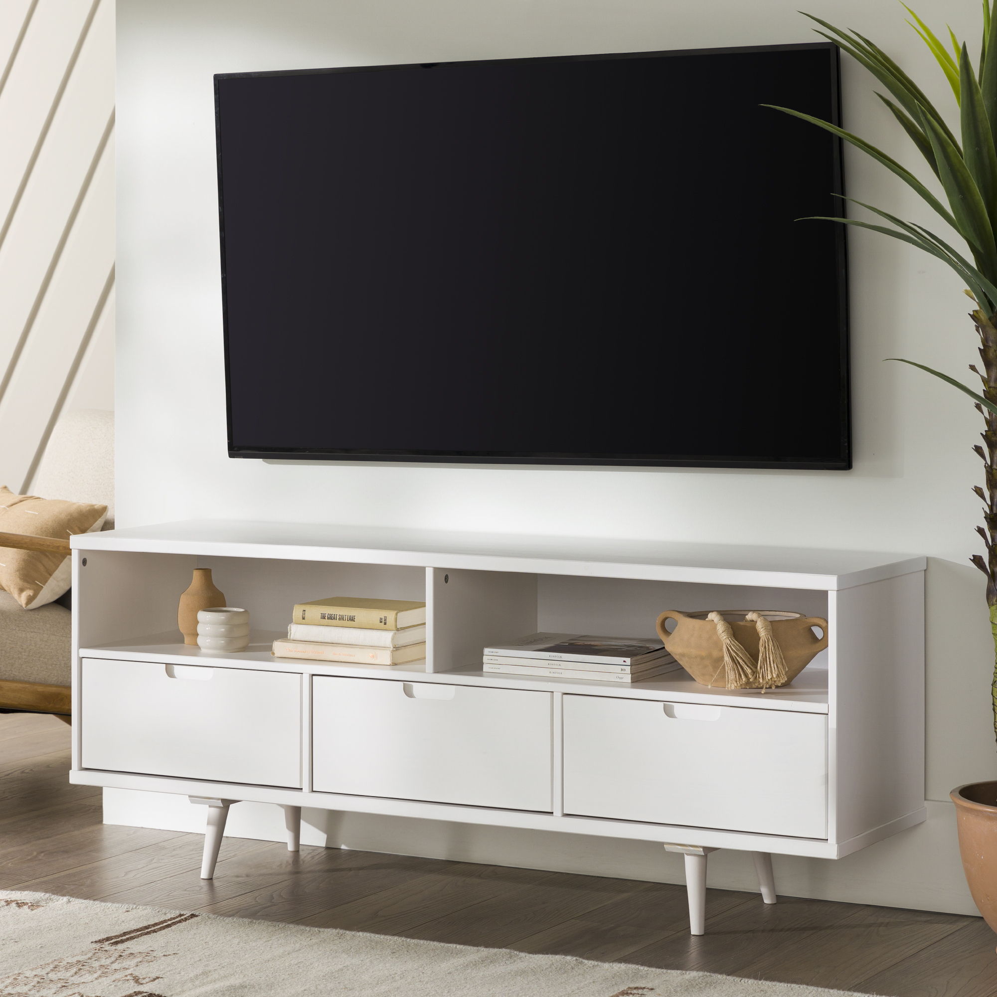 Mid-Century Modern Minimalist 3 Drawer Corner TV Stand For TVs Up To 58