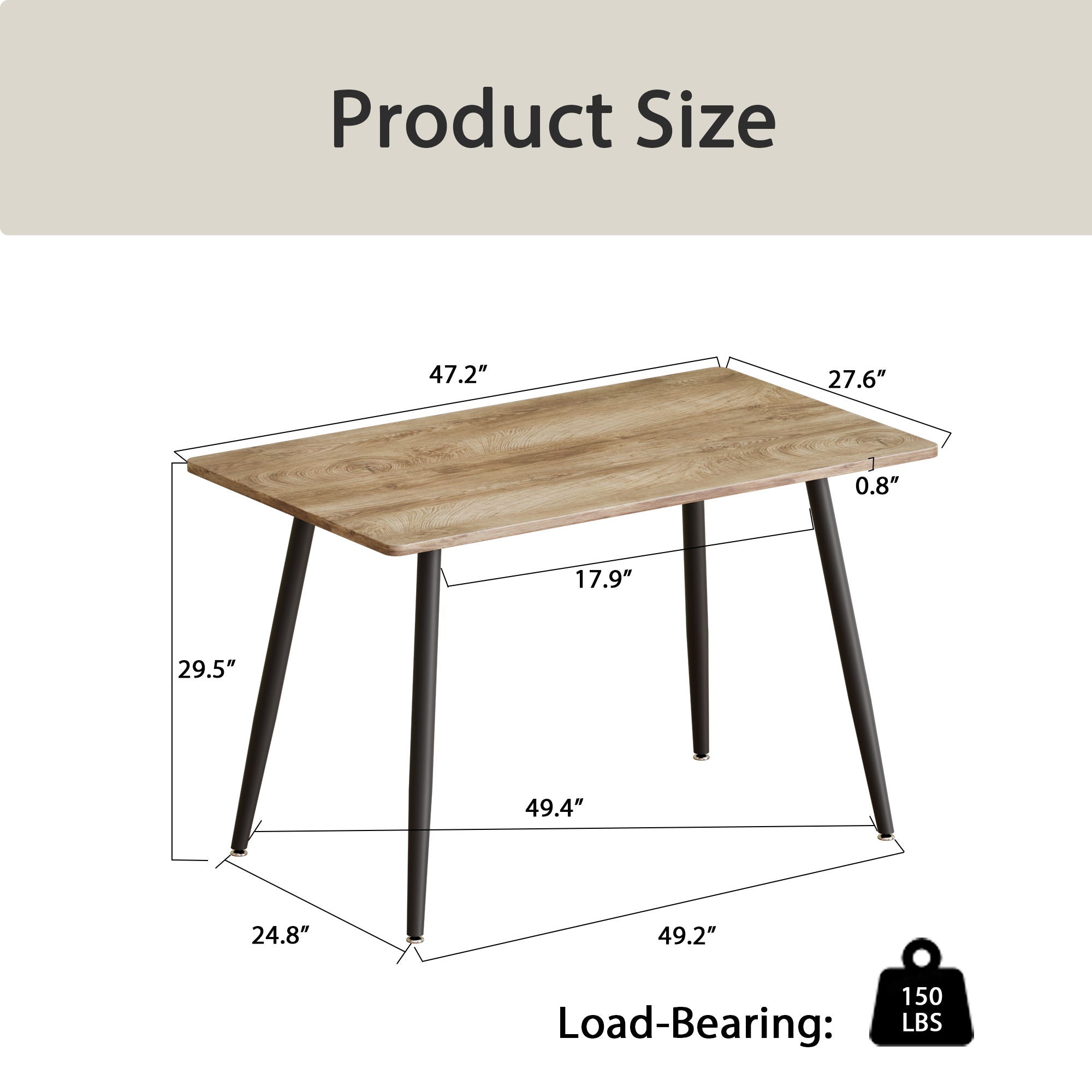 Modern Minimalist 47" Wood Dining Table With Metal Legs For 4 - Wood