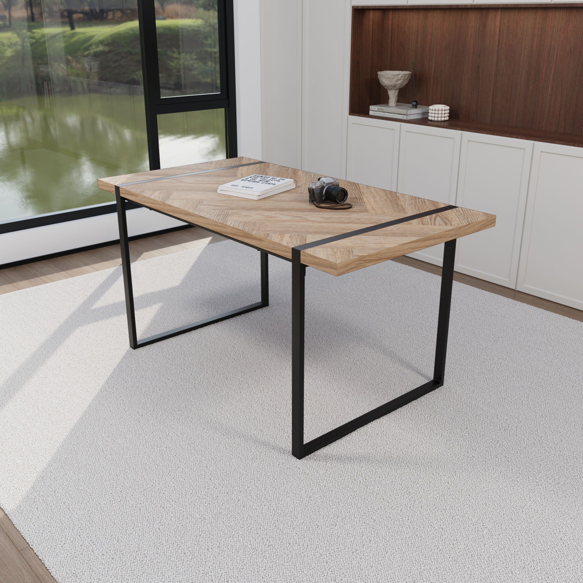 Modern Industrial Dining Table 59" Rectangular Light Wood With Metal Legs For 4 - 6 People - Natural Wood