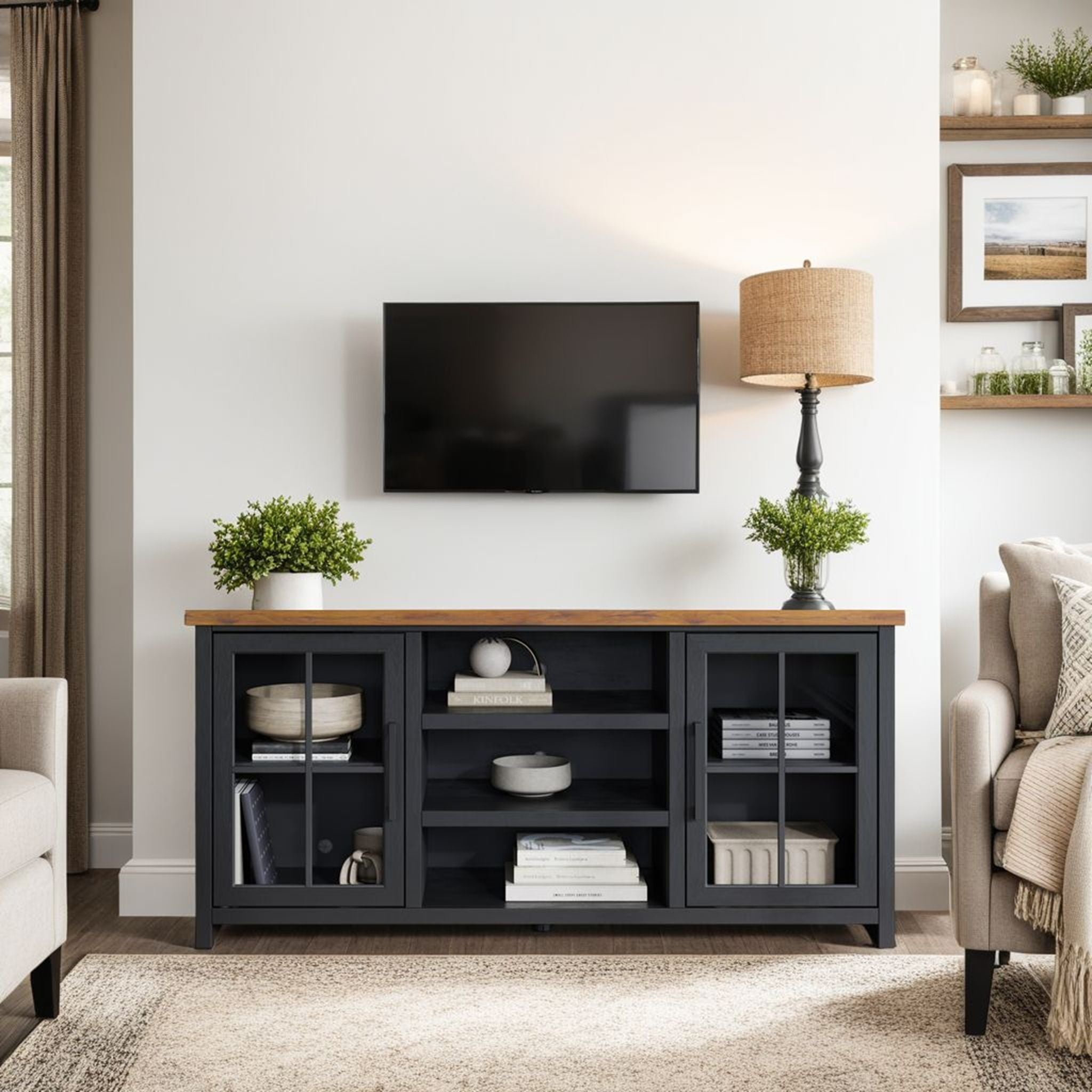 Essex - TV Stand Console For TVs Up To 80" - Black, Whiskey
