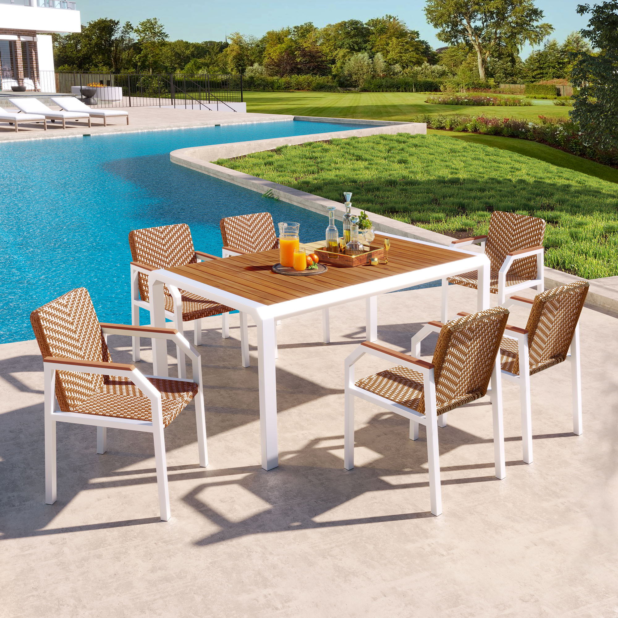 7 Piece Patio Dining Table Set, Outdoor Wicker Furniture (Set of 6) Chairs, 2 Tone Weave Rattan, Acacia Wood Tabletop, Outdoor Dining Set For Backyard And Garden - Brown