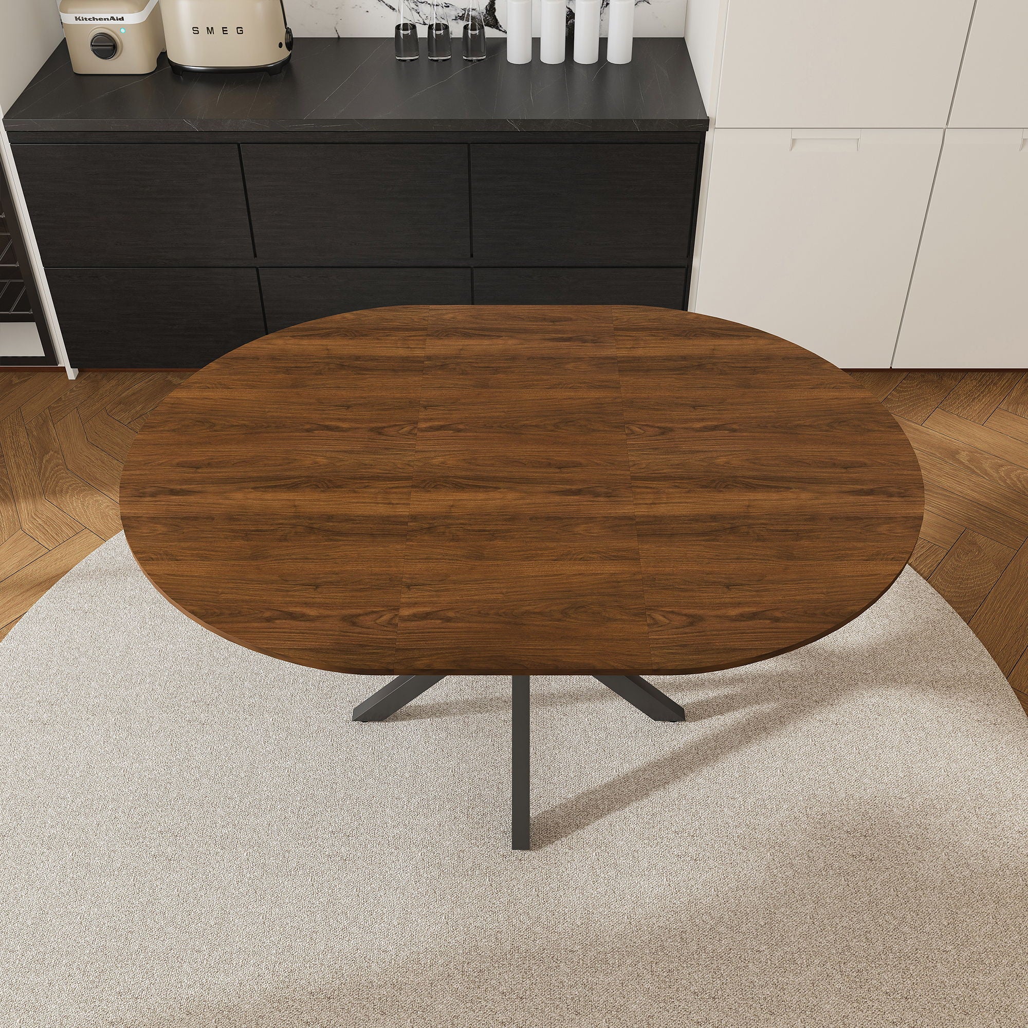 Retractable Dining Table, Round Extendable 6 Person Table - Walnut