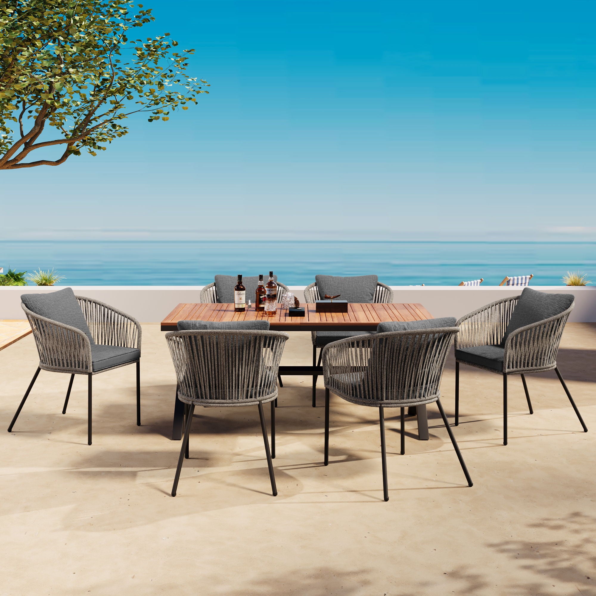 7 Pieces Patio Dining Set, All-Weather Outdoor Furniture Set With Dining Table And Chairs, Acacia Wood Tabletop, Metal Frame, For For Garden, Backyard, Balcony - Gray