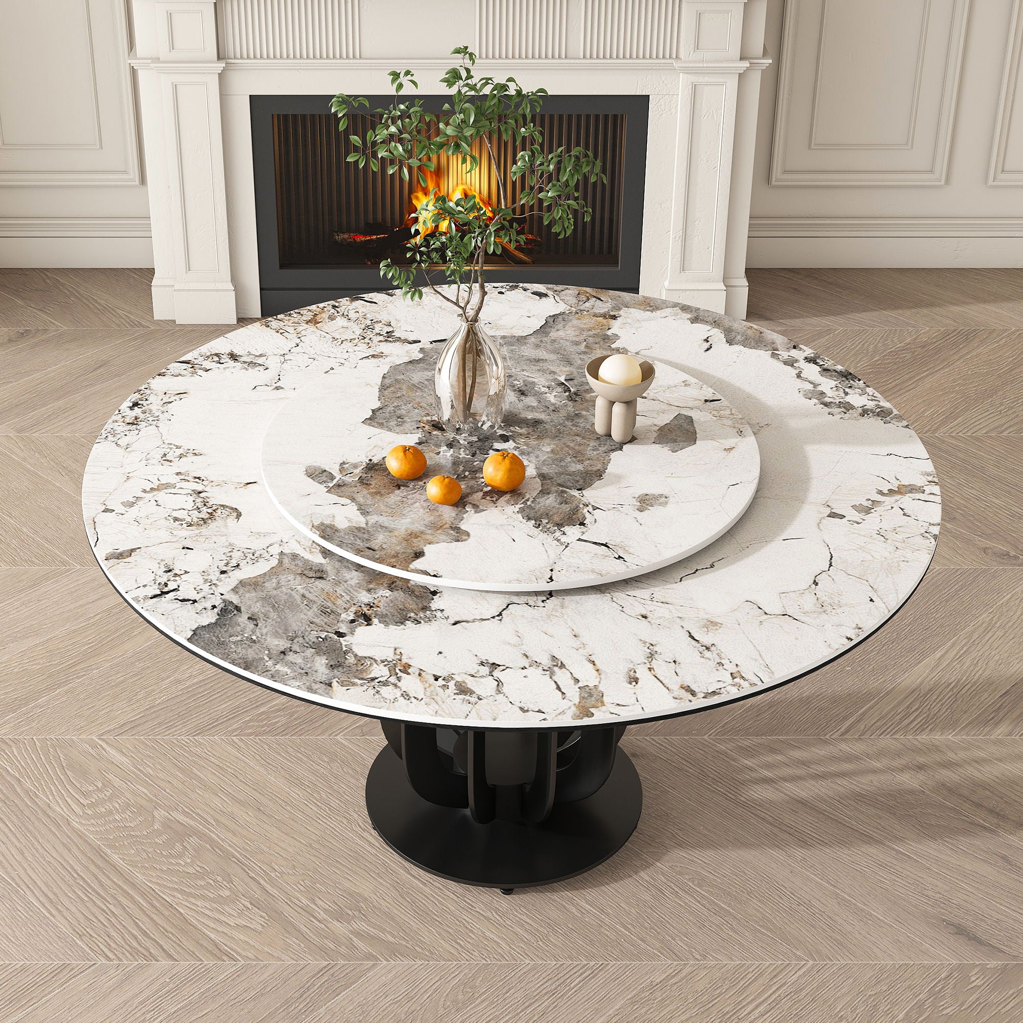 Round Dining Table With Carbon Steel Base And Lazy Susan Industrial Style - Black / White
