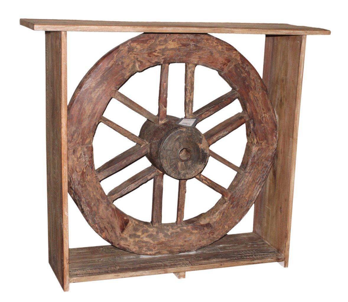 Reclaimed Wood Wheel Console Table - Light Brown