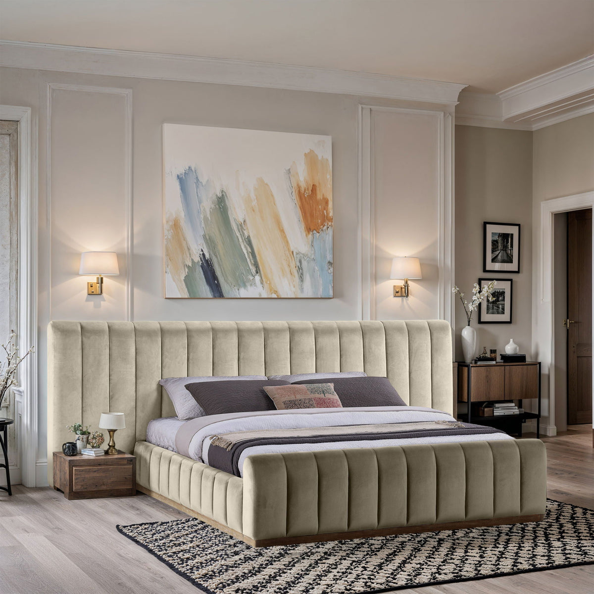 Amara - Velvet Upholstered Bed - Select Living Furniture - Upholstered Beds - Meridian Furniture - AmaraSaddle-Q117 - Light Brown -Queen - Amara - Velvet Upholstered Bed -