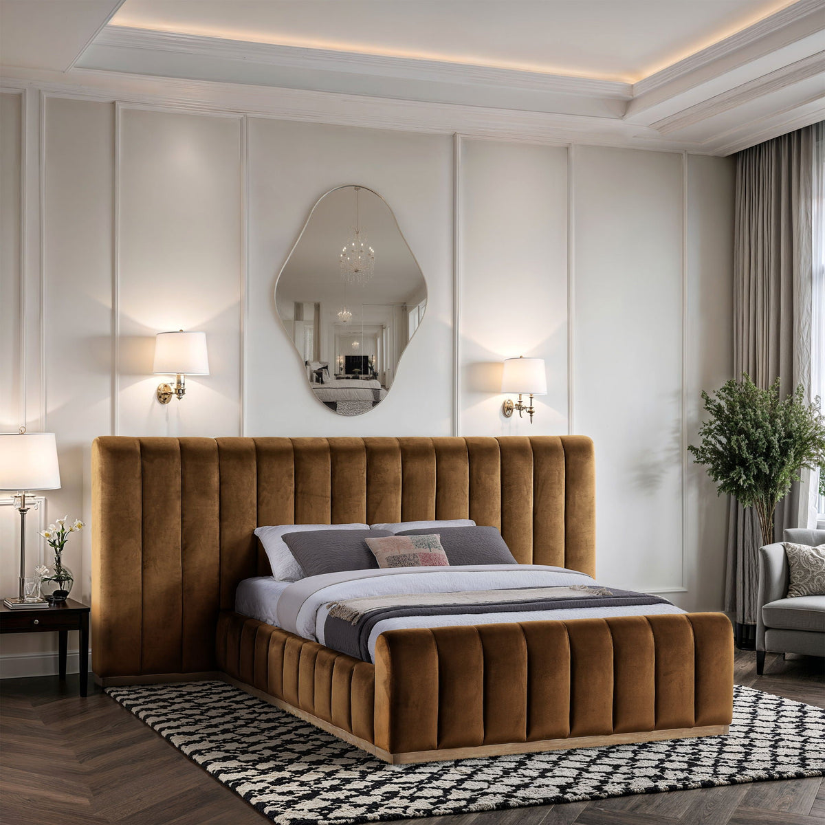Amara - Velvet Upholstered Bed - Select Living Furniture - Upholstered Beds - Meridian Furniture - AmaraSaddle-Q117 - Light Brown -Queen - Amara - Velvet Upholstered Bed -