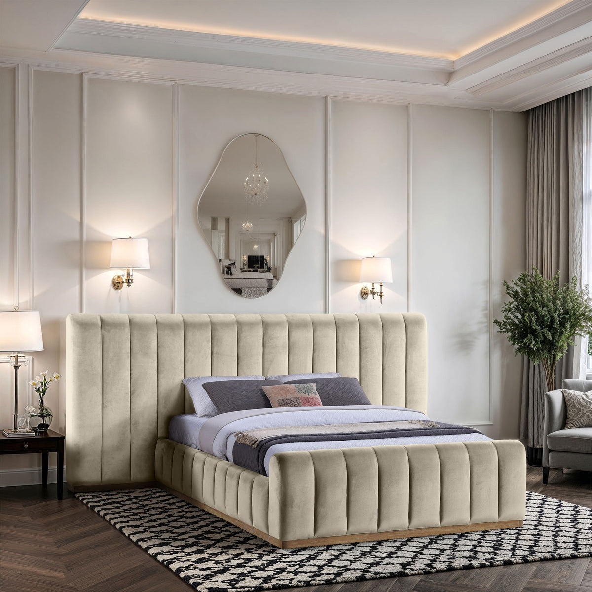 Amara - Velvet Upholstered Bed - Select Living Furniture - Upholstered Beds - Meridian Furniture - AmaraSaddle-Q117 - Light Brown -Queen - Amara - Velvet Upholstered Bed -