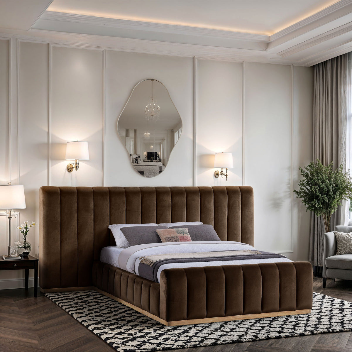 Amara - Velvet Upholstered Bed - Select Living Furniture - Upholstered Beds - Meridian Furniture - AmaraSaddle-Q117 - Light Brown -Queen - Amara - Velvet Upholstered Bed -