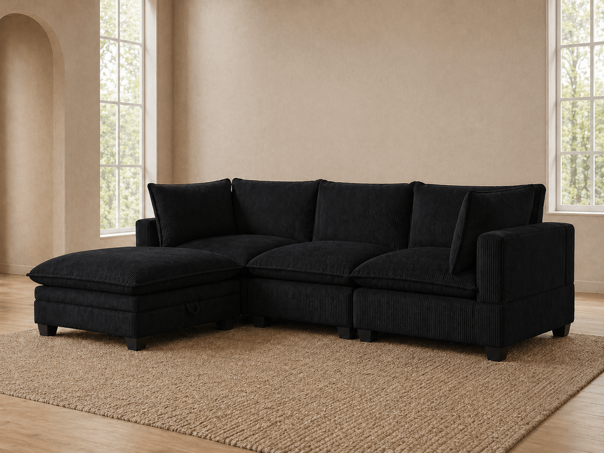 Apollo Sectional - Select Living Furniture - Stationary Sectionals - Happy Homes - APOLLO-SOFA-MBC - Midnight Black Corduroy -Sofa + Storage Ottoman - Apollo Sectional -