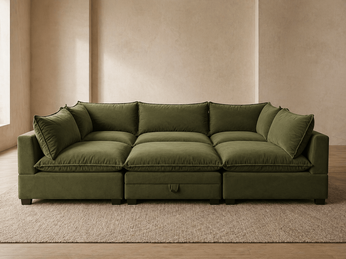 Apollo Sectional - Select Living Furniture - Stationary Sectionals - Happy Homes - APOLLO-SOFA-OV - Olive Velvet -Sofa + Storage Ottoman - Apollo Sectional -