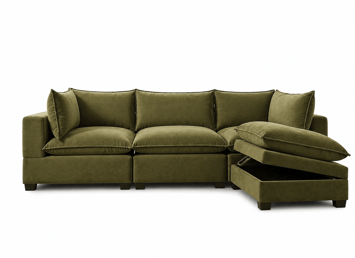 Apollo Sectional - Select Living Furniture - Stationary Sectionals - Happy Homes - APOLLO-SOFA-OV - Olive Velvet -Sofa + Storage Ottoman - Apollo Sectional -