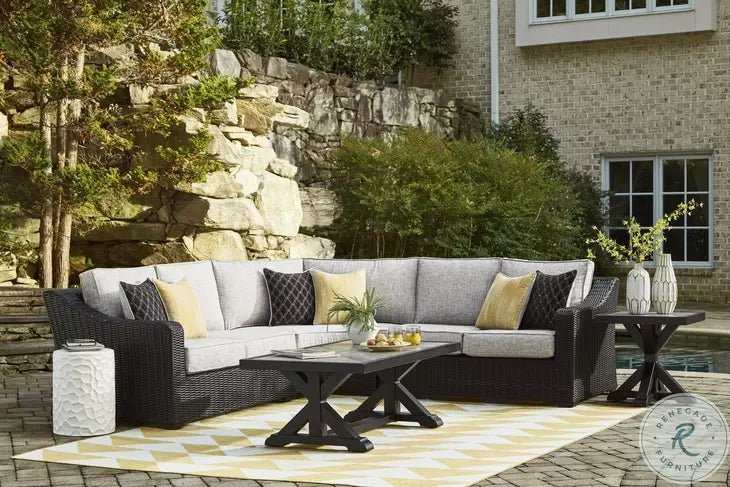 Beachcroft Black & Light Gray Modular Outdoor Sectional with Nuvella Performance Fabric - Select Living Furniture - Ashley Furniture -  - 3 Piece Sectional -Midnight Black - Beachcroft Black & Light Gray Modular Outdoor Sectional with Nuvella Performance Fabric -