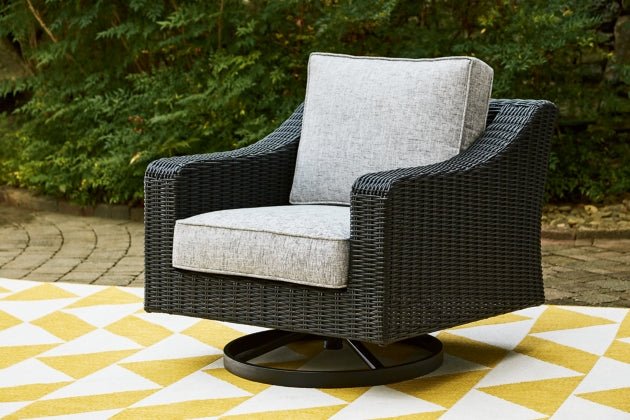 Beachcroft Black & Light Gray Outdoor Swivel Lounge Chair with Nuvella Performance Fabric - Select Living Furniture - Select Living Furniture -  - Midnight Black - Beachcroft Black & Light Gray Outdoor Swivel Lounge Chair with Nuvella Performance Fabric -