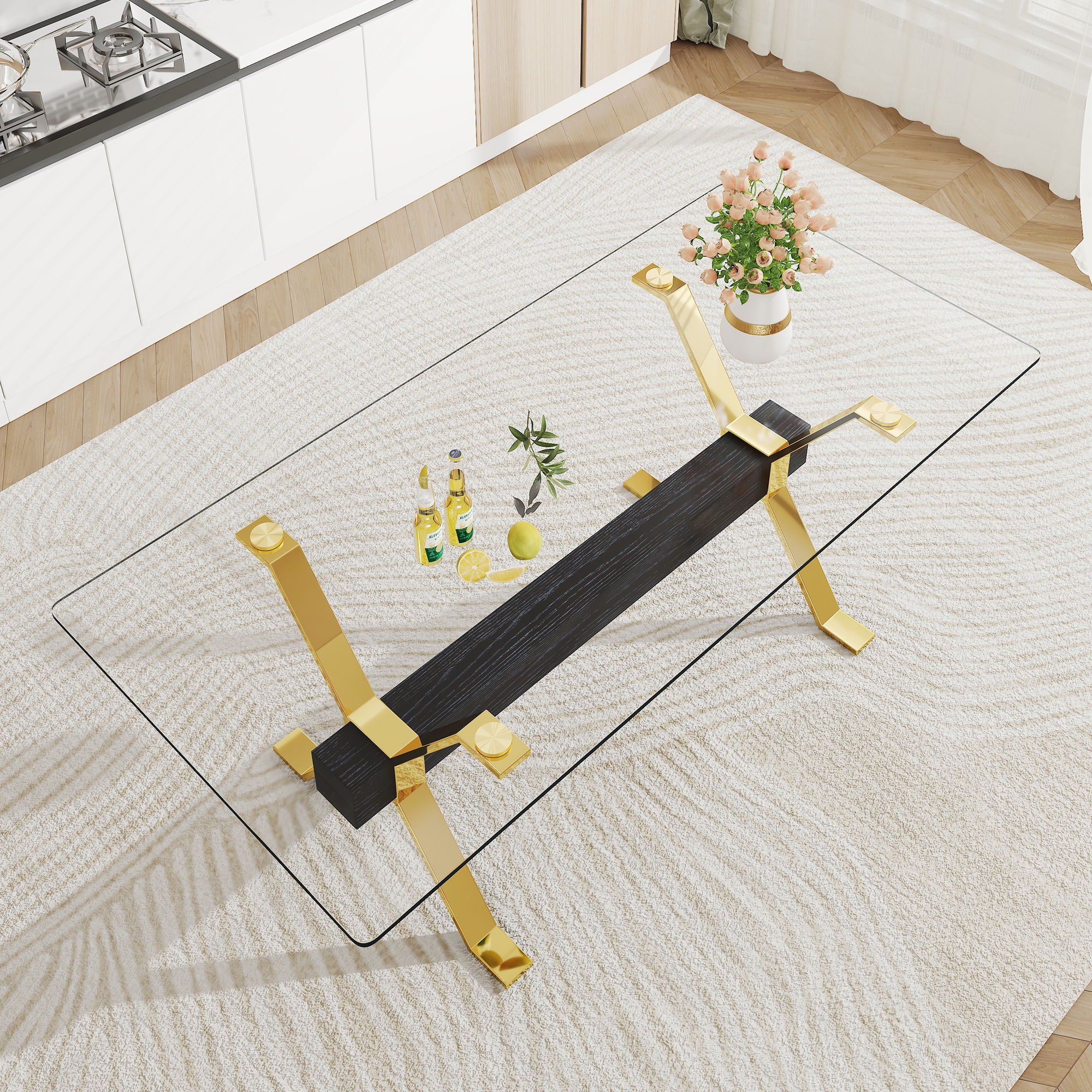 Modern Tempered Glass Dining Table With Metal Legs And Crossbars - Transparent