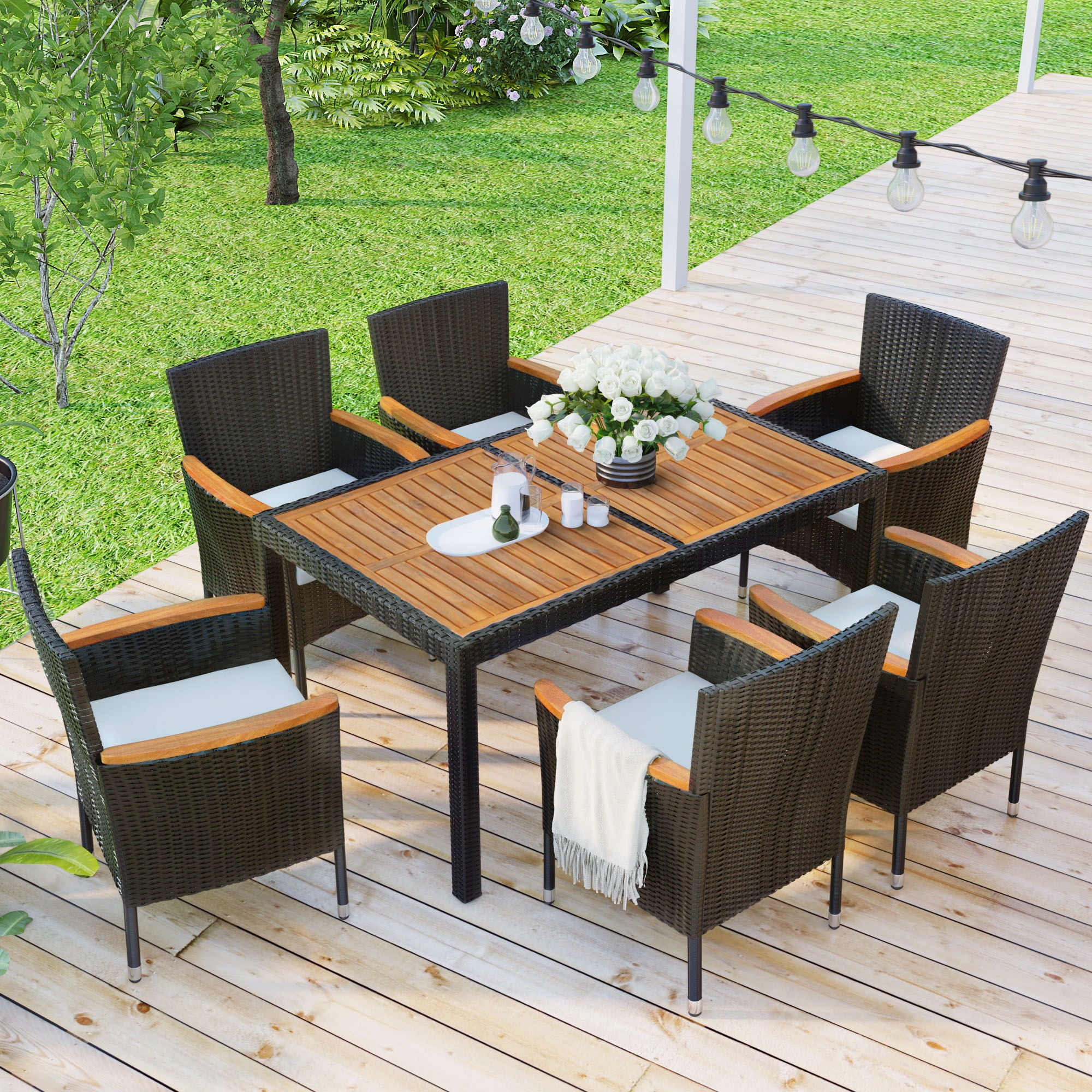 7 Piece Outdoor Patio Dining Set, Garden Wicker Dining Table And Chairs Set, Acacia Wood Tabletop, Stackable Armrest Chairs With Cushions - Brown