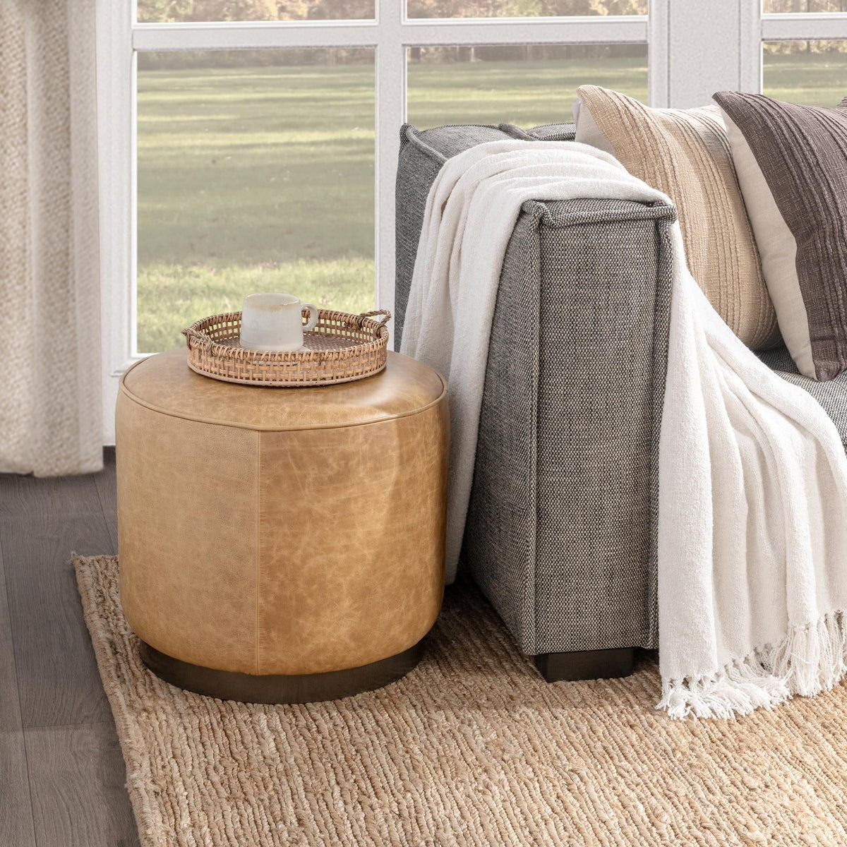 Clair - Leather Round Table - Select Living Furniture - Coffee Tables - Classic Home - 51012113 - Light Brown -End Tables - Clair - Leather Round Table -