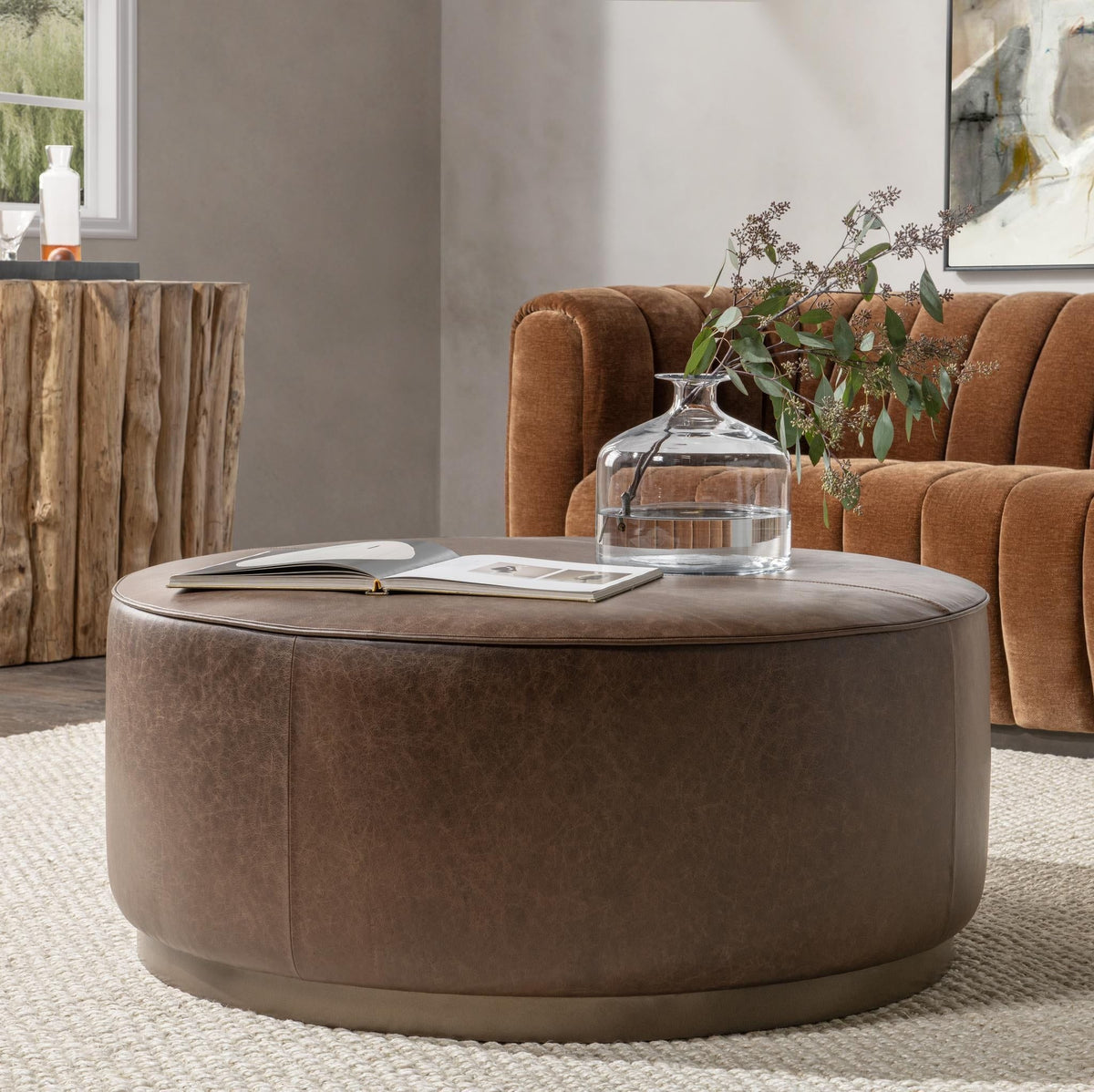 Clair - Leather Round Table - Select Living Furniture - Coffee Tables - Classic Home - 51012113 - Light Brown -End Tables - Clair - Leather Round Table -