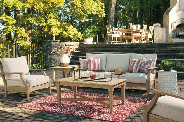 Clare View Beige Performance Fabric Outdoor Modular Sectional - Select Living Furniture - Ashley Furniture -  - 4-Piece Sectional -Light Beige - Clare View Beige Performance Fabric Outdoor Modular Sectional -