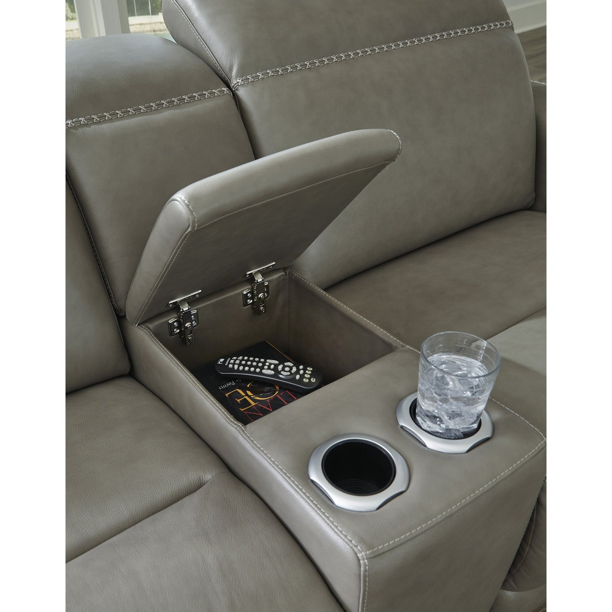 Correze Reclining Sectional - Select Living Furniture - Signature Design by Ashley® - CORREZE-2PC - Gray -2-Piece Power Reclining Loveseat - Correze storage console detail -